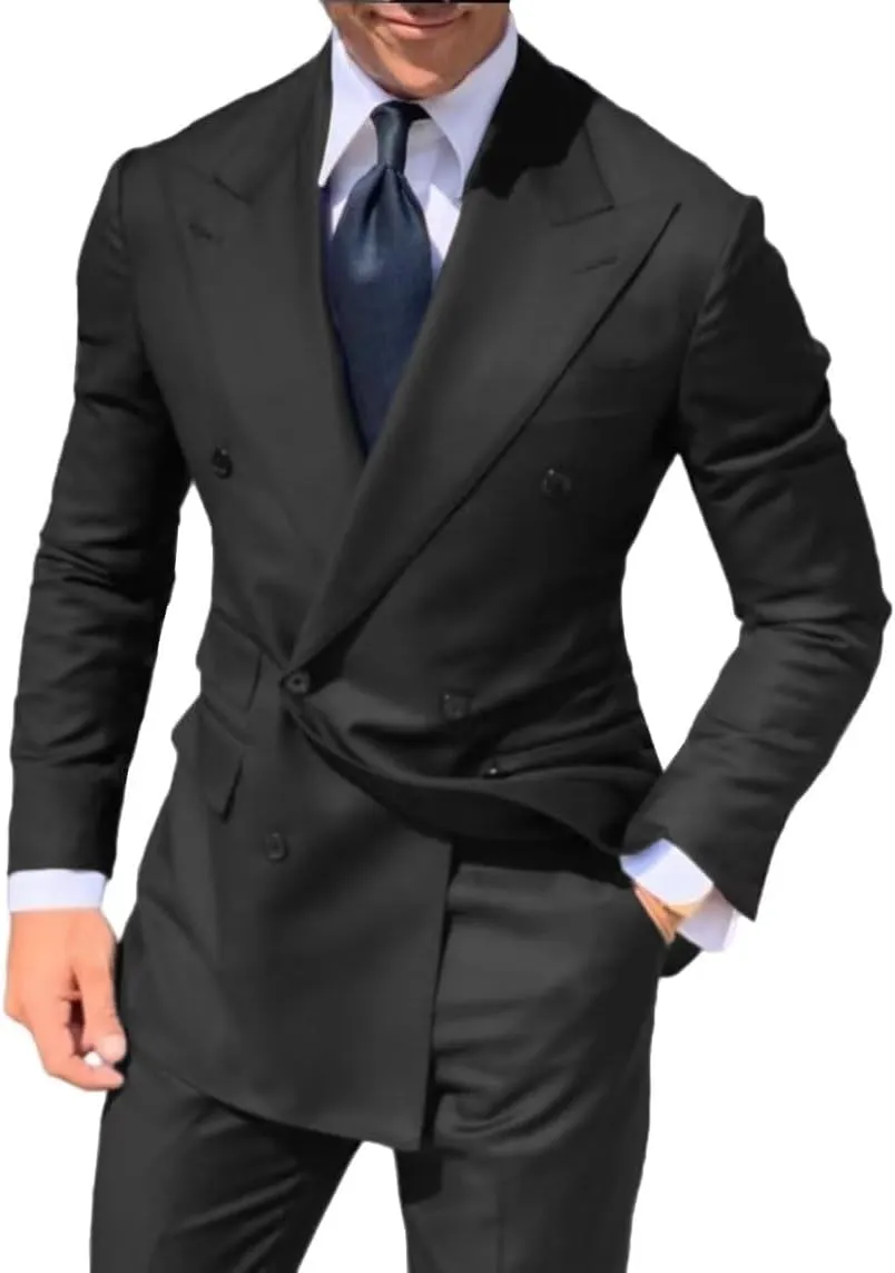 HZUOU Double Breasted Men's Suit Wide Peak Lapel Wedding Grooms Tuxedos 2 Pieces Business Men Suits HZH25