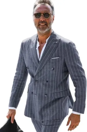 HZUOU Mens Suits 2 Piece Pinstripe Linen Wedding Tuxedos Double Breasted Formal Business Coat Pant Sets HZH18