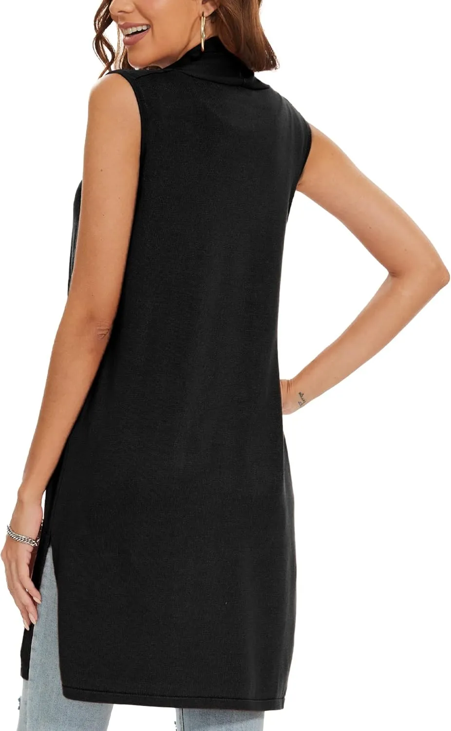 INKOFF Women's Long Knit Cardigan Vest Sleeveless Sweater Pockets Open Front Draped Duster Vest Casual