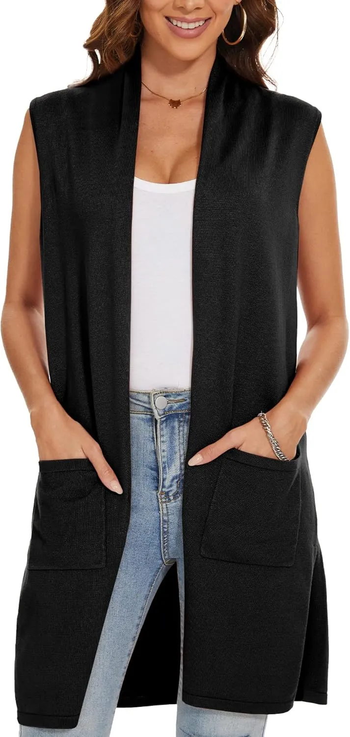 INKOFF Women's Long Knit Cardigan Vest Sleeveless Sweater Pockets Open Front Draped Duster Vest Casual