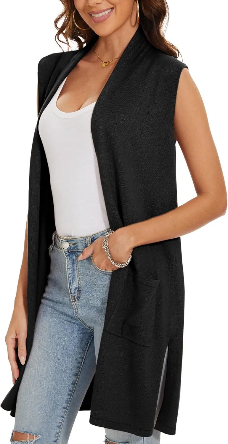 INKOFF Women's Long Knit Cardigan Vest Sleeveless Sweater Pockets Open Front Draped Duster Vest Casual