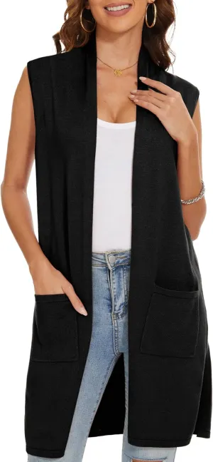 INKOFF Women's Long Knit Cardigan Vest Sleeveless Sweater Pockets Open Front Draped Duster Vest Casual