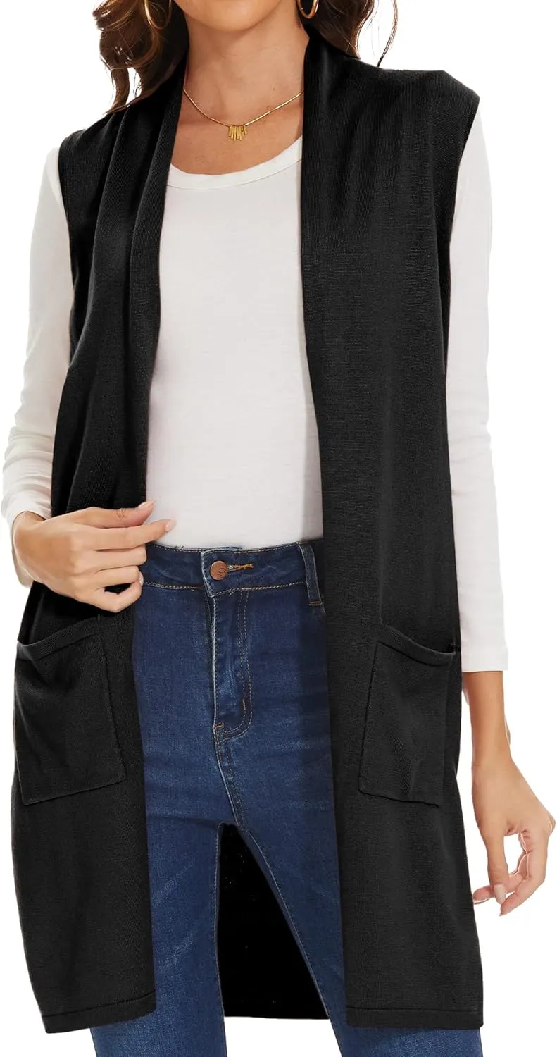 INKOFF Women's Long Knit Cardigan Vest Sleeveless Sweater Pockets Open Front Draped Duster Vest Casual