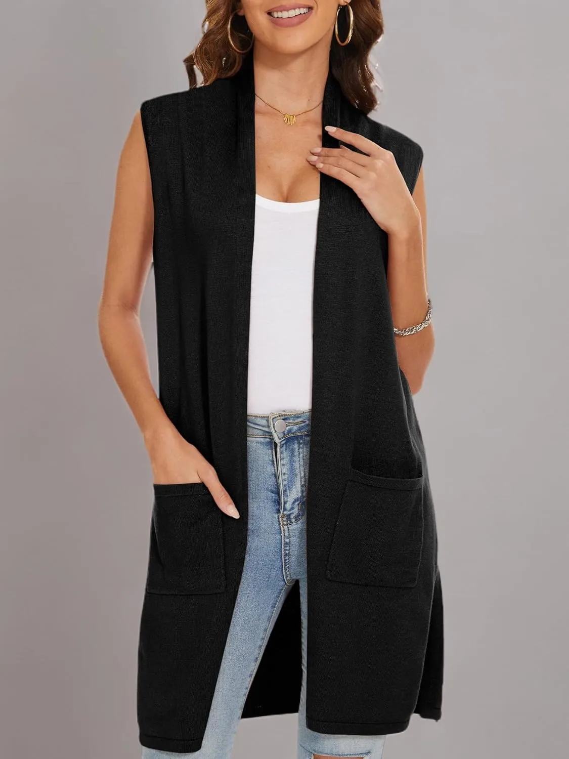 INKOFF Women's Long Knit Cardigan Vest Sleeveless Sweater Pockets Open Front Draped Duster Vest Casual