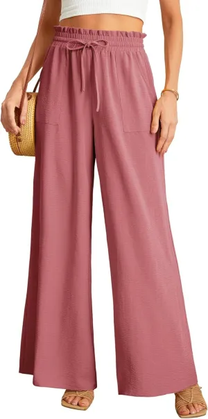 JINKESI Women Wide Leg Pants High Waist Loose Flowy Adjustable Tie Knot Trousers Business Casual Pants with Pockets