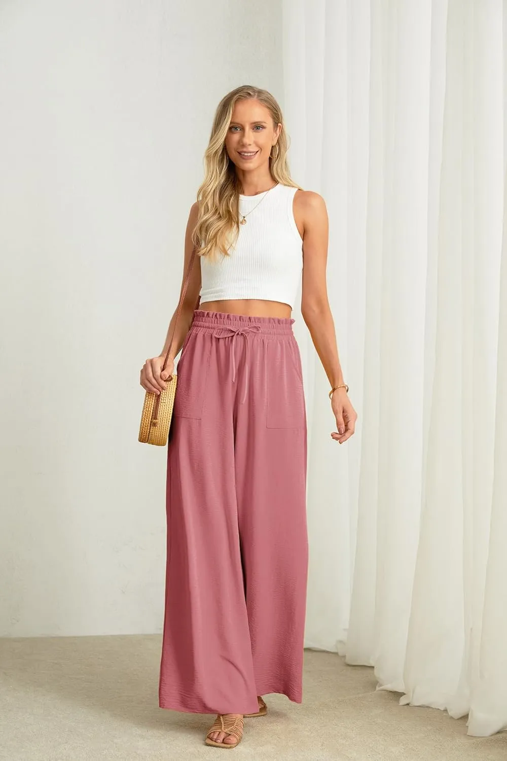 JINKESI Women Wide Leg Pants High Waist Loose Flowy Adjustable Tie Knot Trousers Business Casual Pants with Pockets