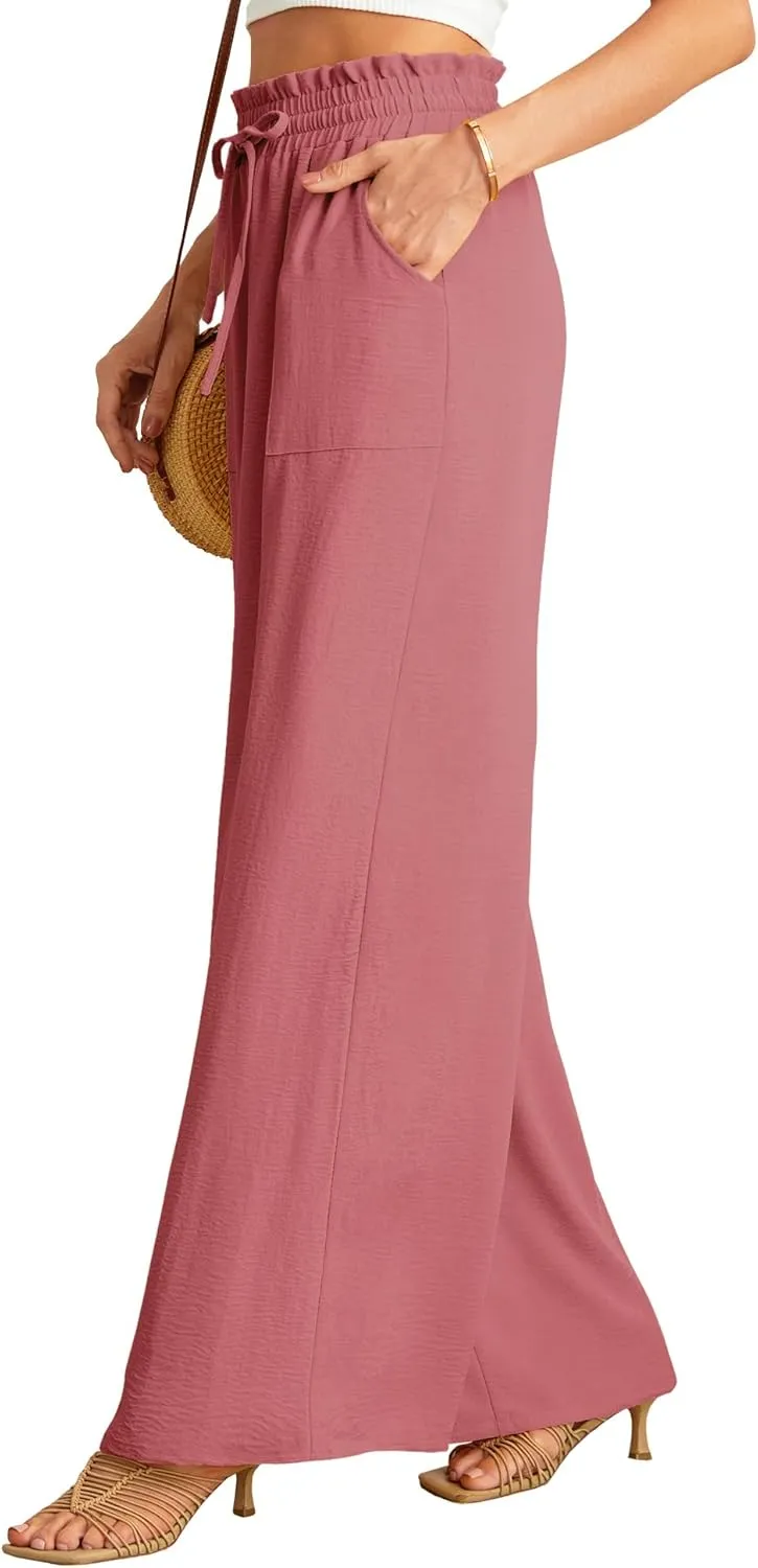 JINKESI Women Wide Leg Pants High Waist Loose Flowy Adjustable Tie Knot Trousers Business Casual Pants with Pockets