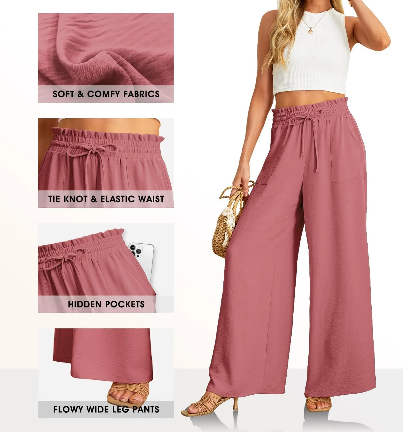 JINKESI Women Wide Leg Pants High Waist Loose Flowy Adjustable Tie Knot Trousers Business Casual Pants with Pockets