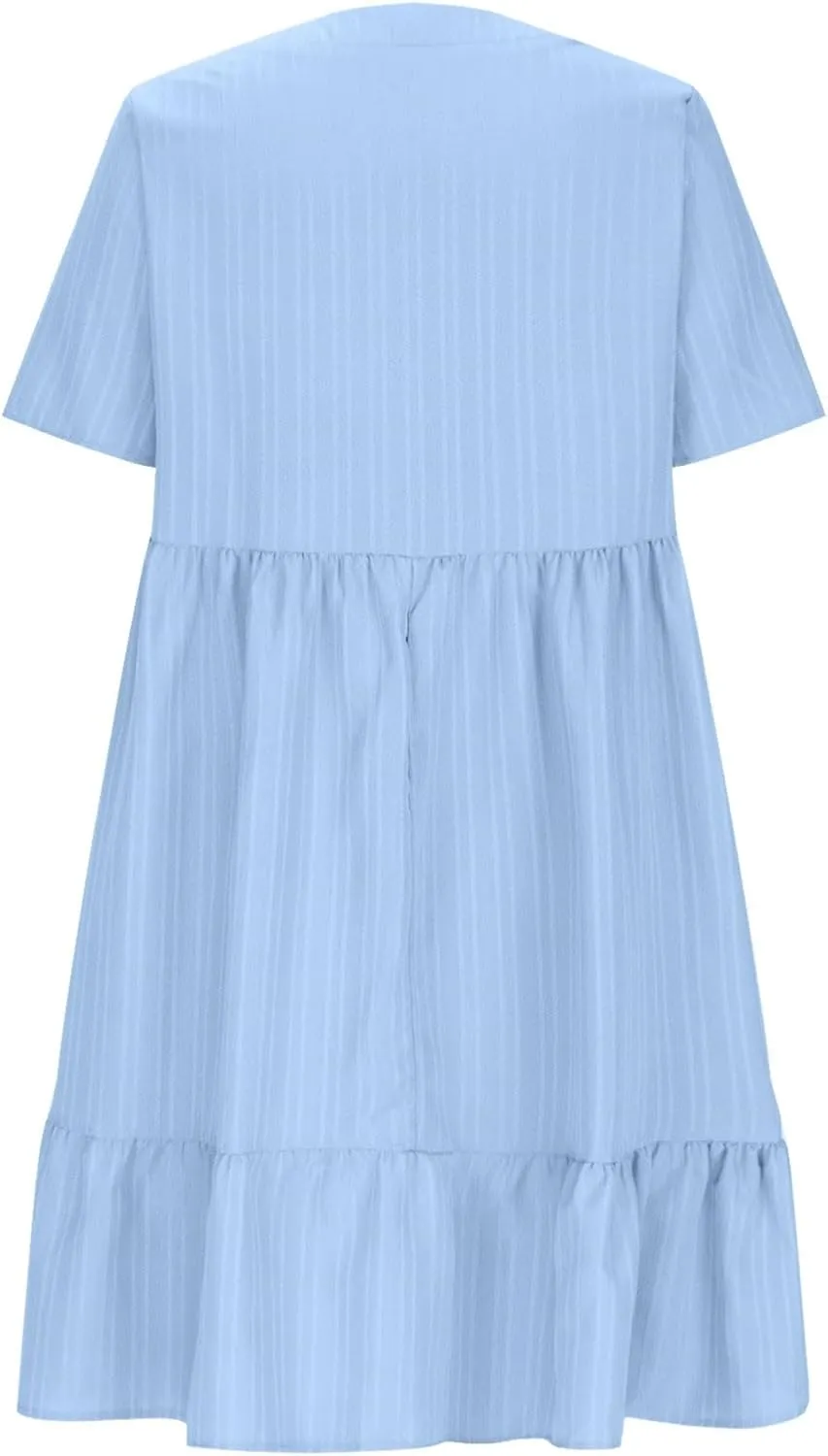 JOAU Women Summer Boho Short Sleeve Beach Textured Mini Dress Casual V-Neck Ruffle Hem Pleated T-Shirt Dress Travel Vacation