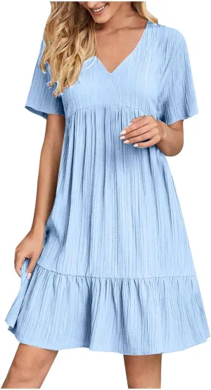 JOAU Women Summer Boho Short Sleeve Beach Textured Mini Dress Casual V-Neck Ruffle Hem Pleated T-Shirt Dress Travel Vacation