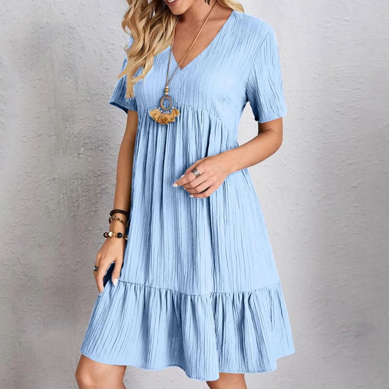 JOAU Women Summer Boho Short Sleeve Beach Textured Mini Dress Casual V-Neck Ruffle Hem Pleated T-Shirt Dress Travel Vacation