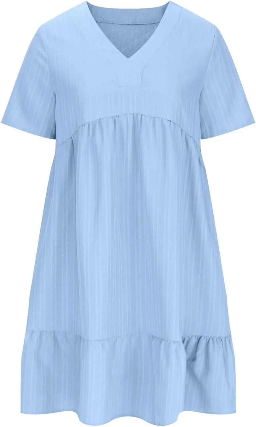JOAU Women Summer Boho Short Sleeve Beach Textured Mini Dress Casual V-Neck Ruffle Hem Pleated T-Shirt Dress Travel Vacation