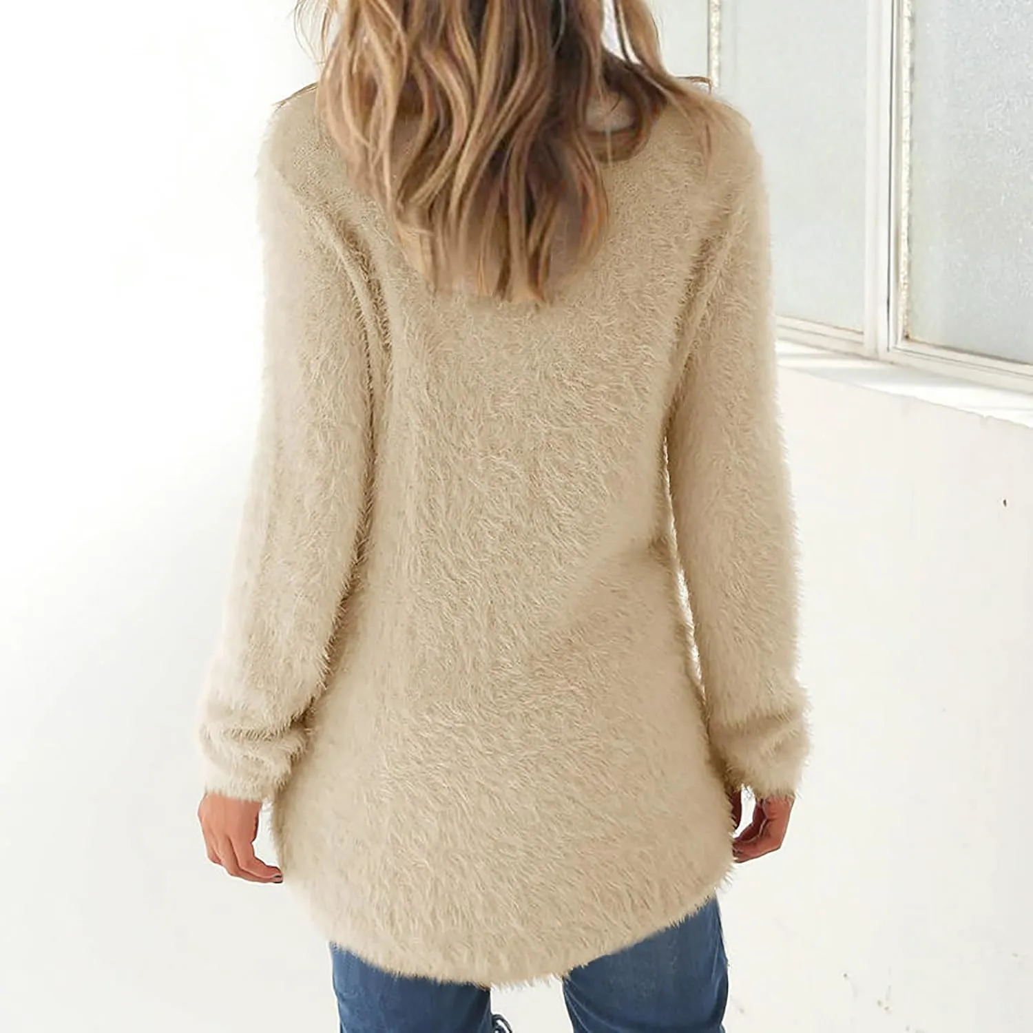 jovati 2024 Winter Fashion Comfortable Warm Shirt Women's Casual Fuzzy Sweater Solid Round Neck Long Sleeve Pullover Tops