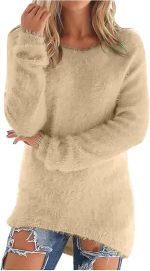 jovati 2024 Winter Fashion Comfortable Warm Shirt Women's Casual Fuzzy Sweater Solid Round Neck Long Sleeve Pullover Tops