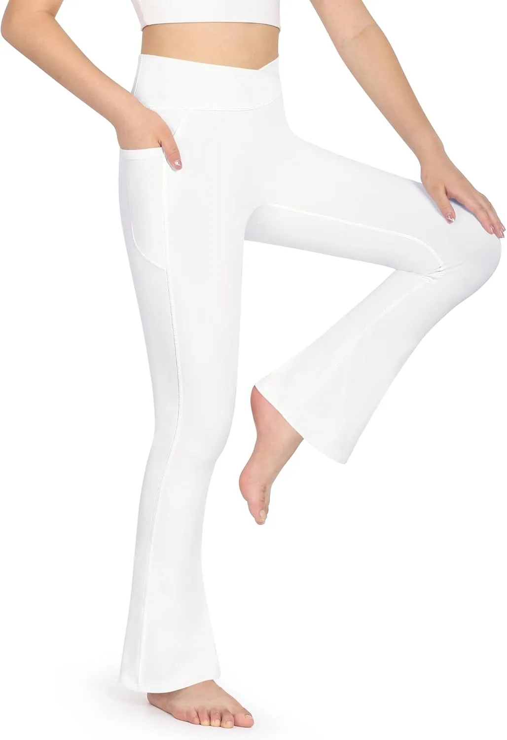 KEREDA Girls Flare Leggings High Waist V Cross Bootcut Yoga Pants Bell Bottoms for Girls with Pockets