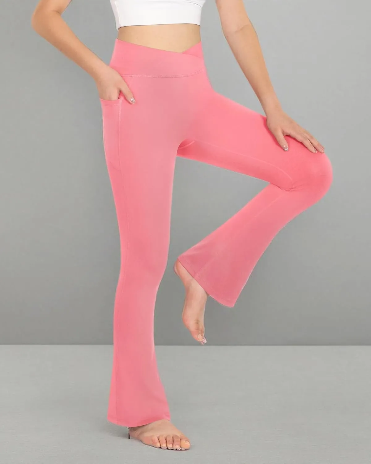 KEREDA Girls Flare Leggings High Waist V Cross Bootcut Yoga Pants Bell Bottoms for Girls with Pockets