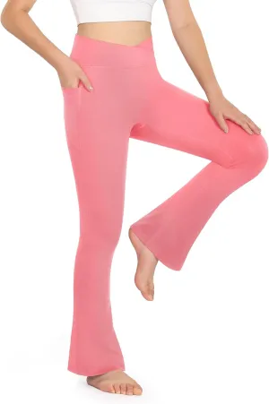 KEREDA Girls Flare Leggings High Waist V Cross Bootcut Yoga Pants Bell Bottoms for Girls with Pockets
