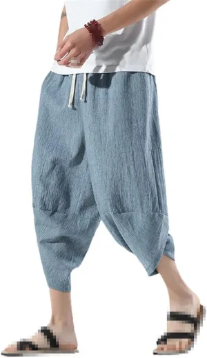 keusyoi Summer Calf-Length Pants Casual Men's Pants Wide Leg Cotton Linen Harem Pants Men's Baggy Beach Pants