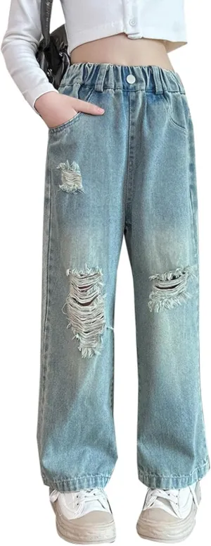 Kids Girls' Casual Wide Leg Baggy Ripped Jeans Cool Loose Fit Distressed Denim Pants Size 5-14 Years