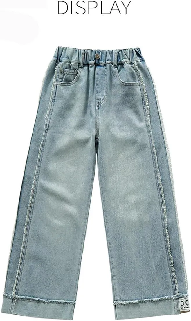 Kids Girls' Fashion Elastic Waist Wide Leg Baggy Denim Pants Straight Washed Loose Jeans Age 5-14 Years