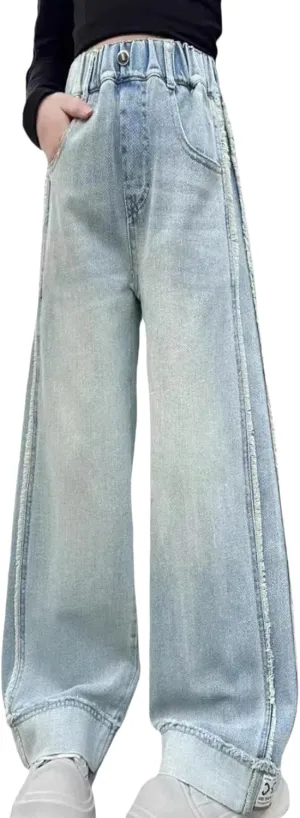 Kids Girls' Fashion Elastic Waist Wide Leg Baggy Denim Pants Straight Washed Loose Jeans Age 5-14 Years