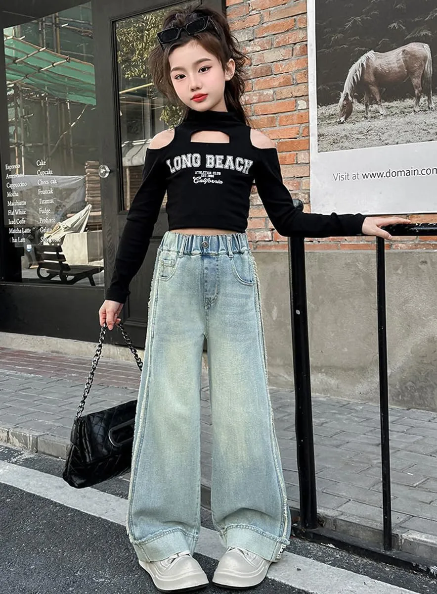 Kids Girls' Fashion Elastic Waist Wide Leg Baggy Denim Pants Straight Washed Loose Jeans Age 5-14 Years