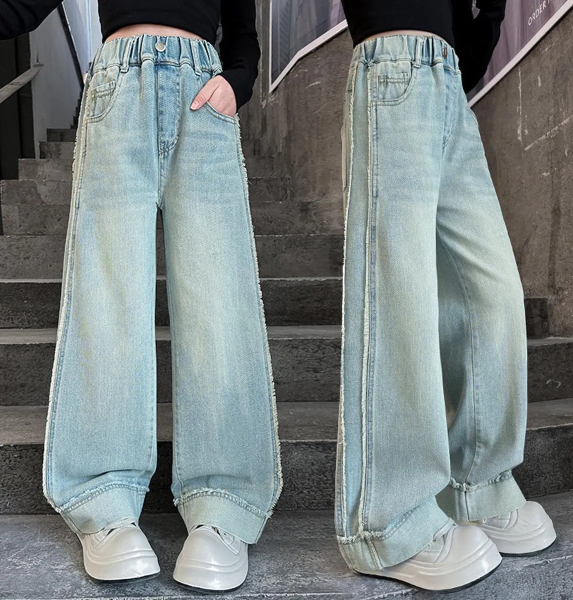 Kids Girls' Fashion Elastic Waist Wide Leg Baggy Denim Pants Straight Washed Loose Jeans Age 5-14 Years
