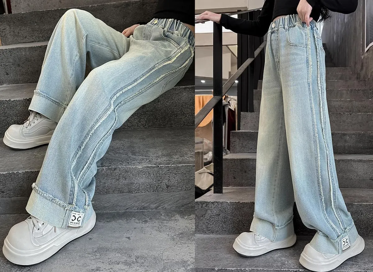 Kids Girls' Fashion Elastic Waist Wide Leg Baggy Denim Pants Straight Washed Loose Jeans Age 5-14 Years