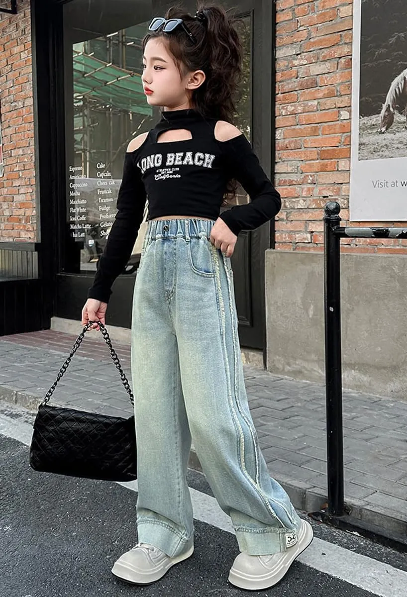 Kids Girls' Fashion Elastic Waist Wide Leg Baggy Denim Pants Straight Washed Loose Jeans Age 5-14 Years