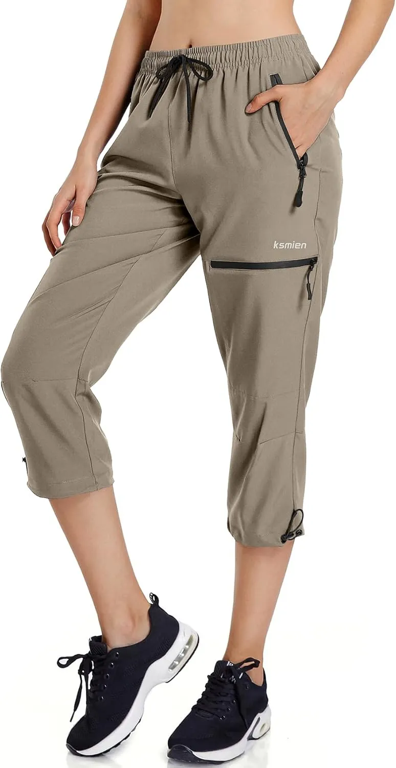 Ksmien Women's Lightweight Hiking Capri Pants Quick Dry Workout Cargo Capris Water Resistant UPF 50  Zipped Pockets