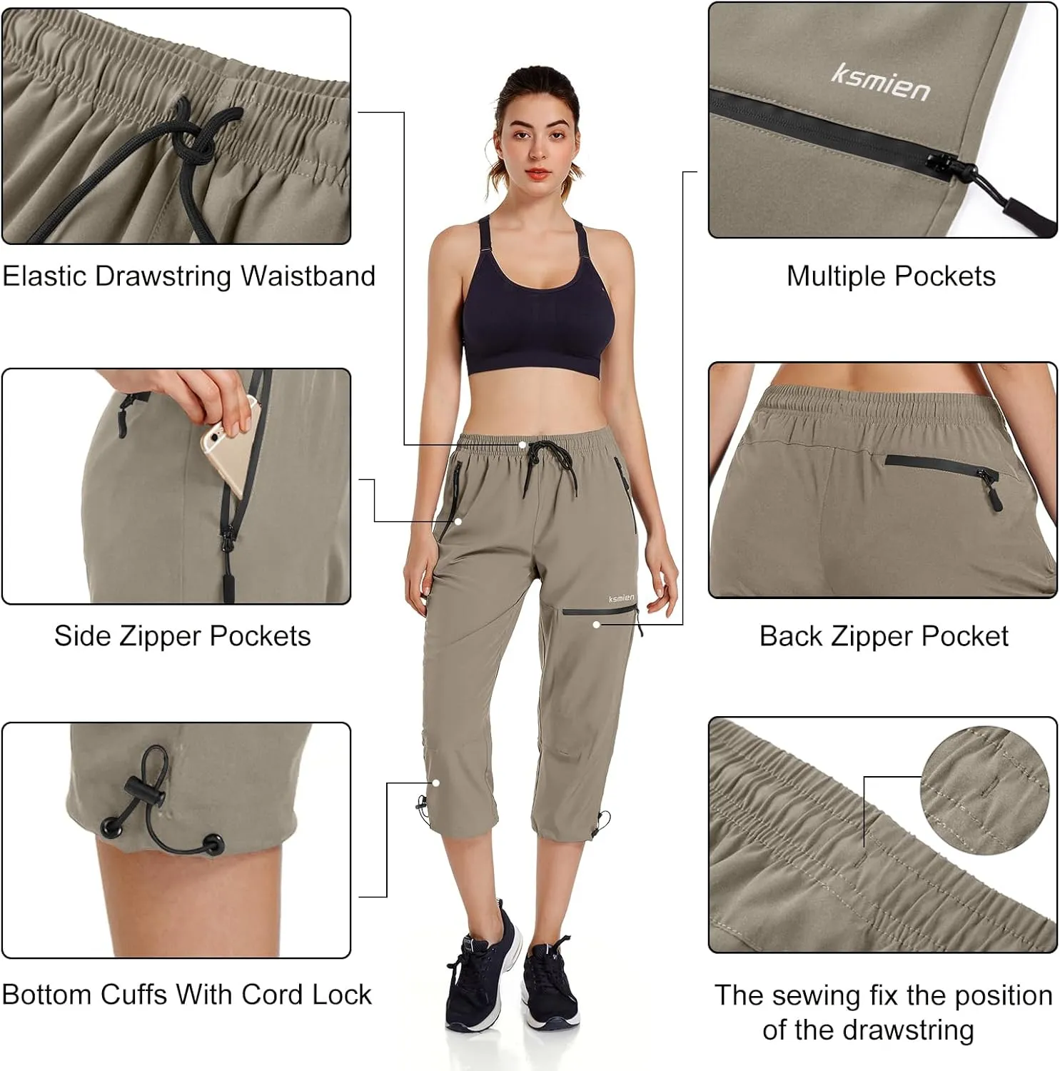 Ksmien Women's Lightweight Hiking Capri Pants Quick Dry Workout Cargo Capris Water Resistant UPF 50  Zipped Pockets