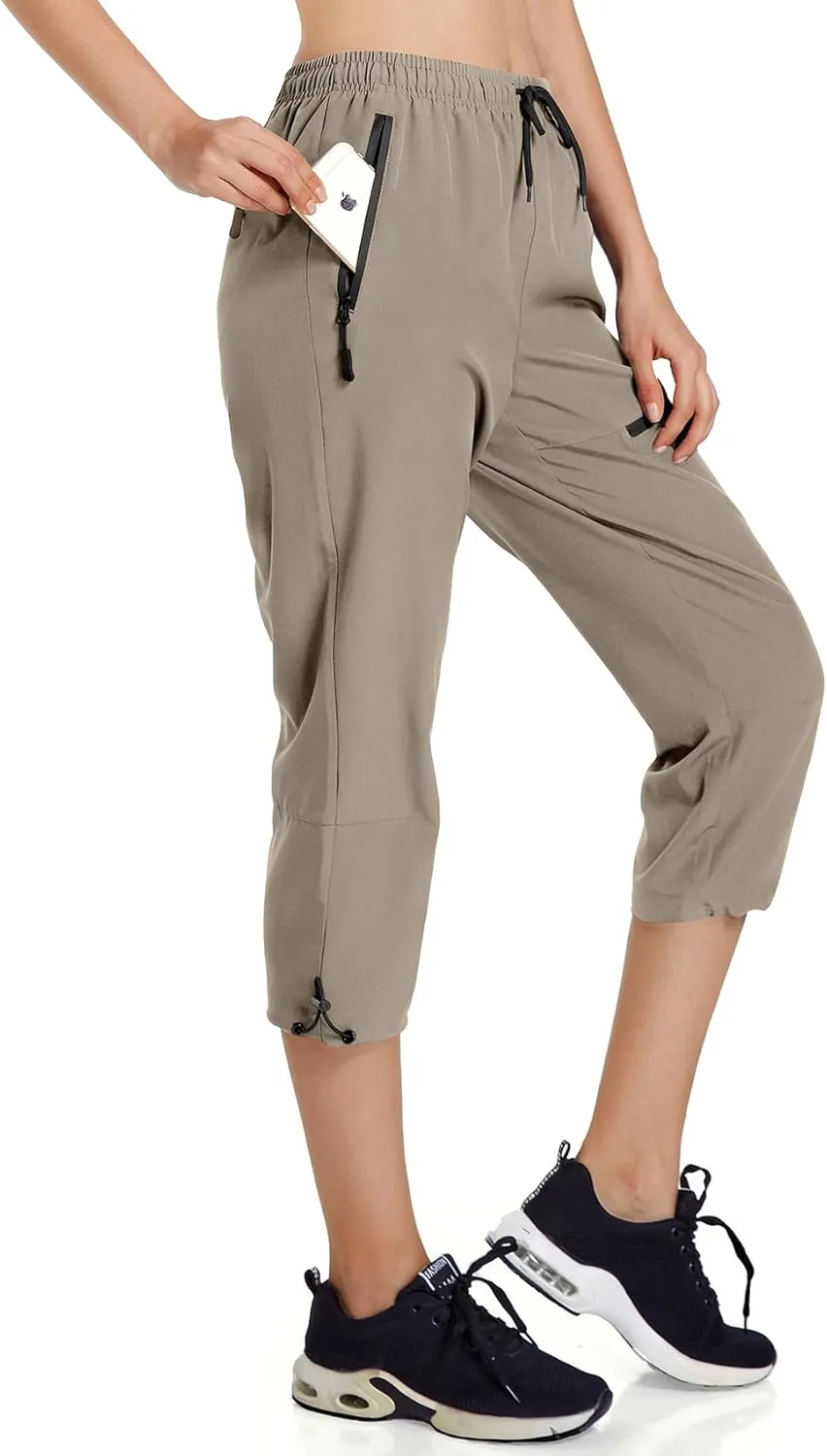 Ksmien Women's Lightweight Hiking Capri Pants Quick Dry Workout Cargo Capris Water Resistant UPF 50  Zipped Pockets