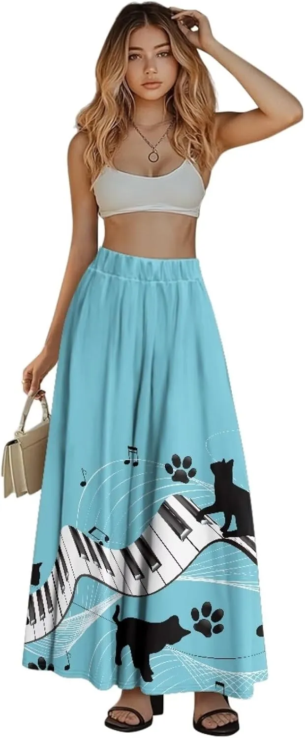 Ladies Elastic Waist Swing Skirts with Pockets Midi Length Skirts Ruffle Hem Long Skirts with Elasticized Waistband
