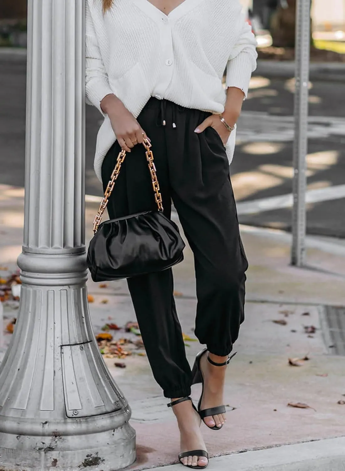 LAFOURAM Women's Casual Loose Drawstring Elastic High Waisted Harem Pants Comfy Trousers with Pockets