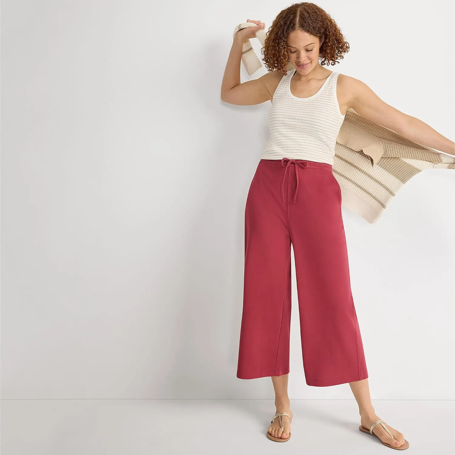 Lands' End Women's Sport Knit Pull On Drawstring Wide Leg Crop Pants