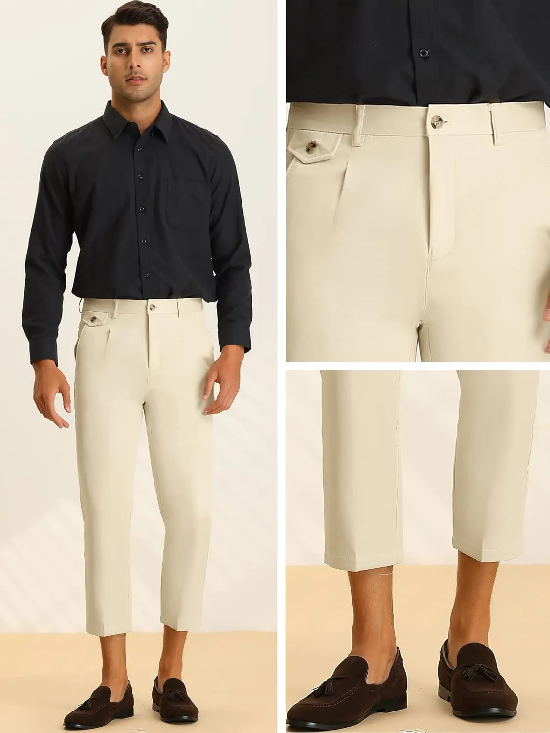 Lars Amadeus Solid Cropped Pants for Men's Slim Fit Pleated Front Ankle Length Tapered Dress Pants