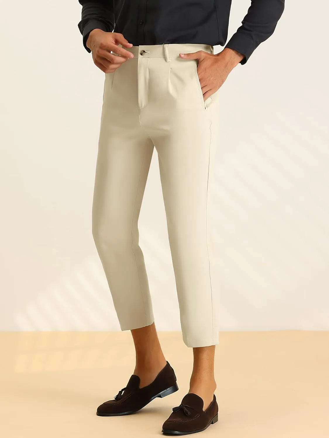 Lars Amadeus Solid Cropped Pants for Men's Slim Fit Pleated Front Ankle Length Tapered Dress Pants