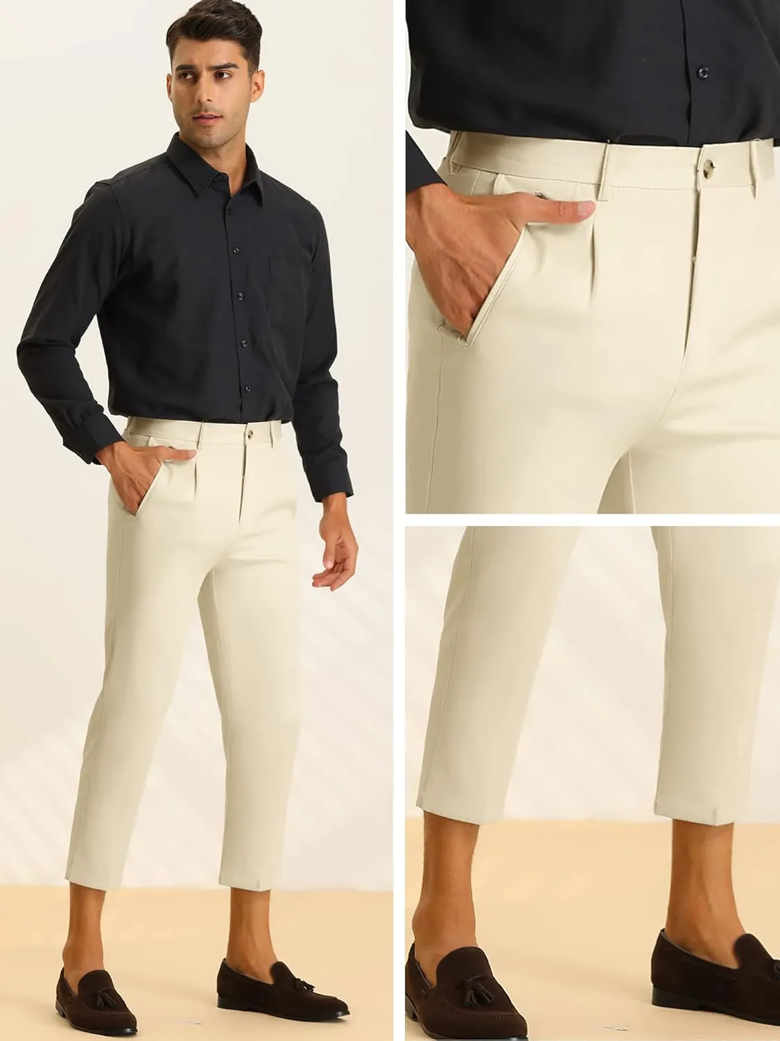 Lars Amadeus Solid Cropped Pants for Men's Slim Fit Pleated Front Ankle Length Tapered Dress Pants