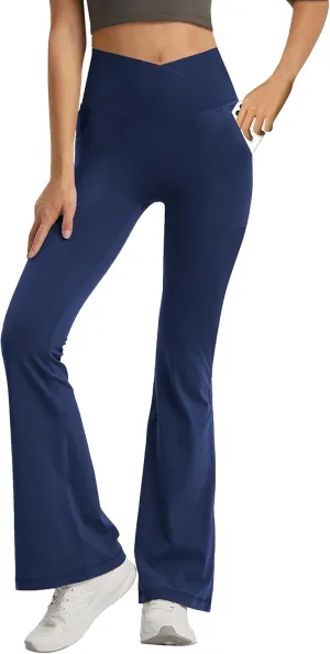 Leggings with Pockets for Girls Solid Black Stretch High Waist Tummy Control Workout Dance Bootcut Yoga Pants