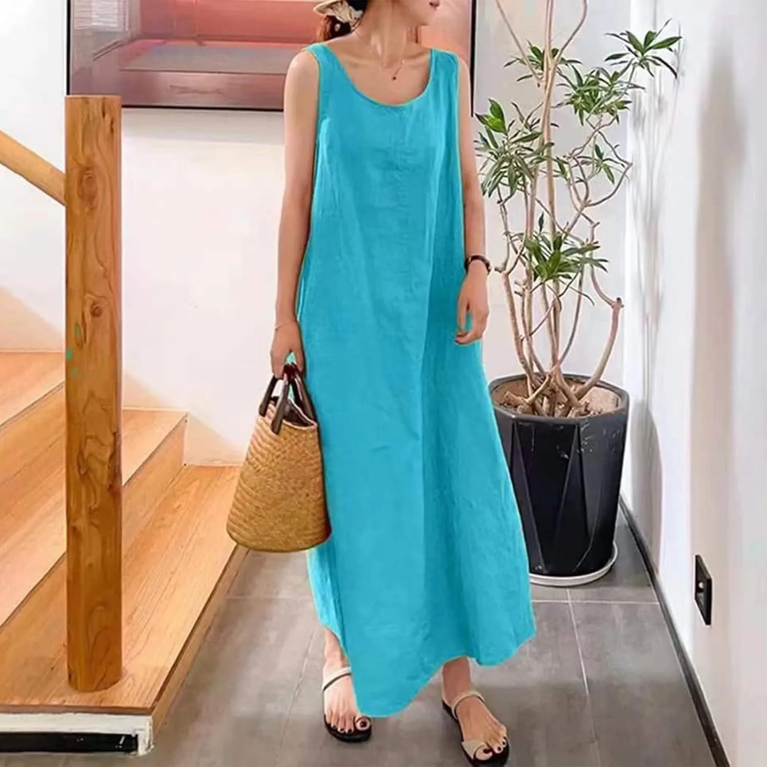 Linen Dresses for Women 2025 Plus Size Dress with Pocket Summer Casual Long Sleeve Boho Maxi Dress Sundress Clothes