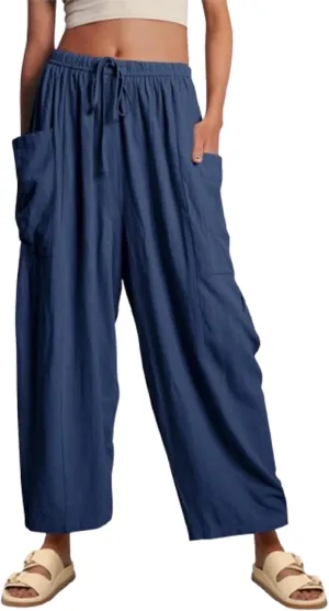 Linen Pants Casual Lightweight Loose Fit Wide Leg Harem Pants with Drawstring with Large Pockets for Home Travel Beach