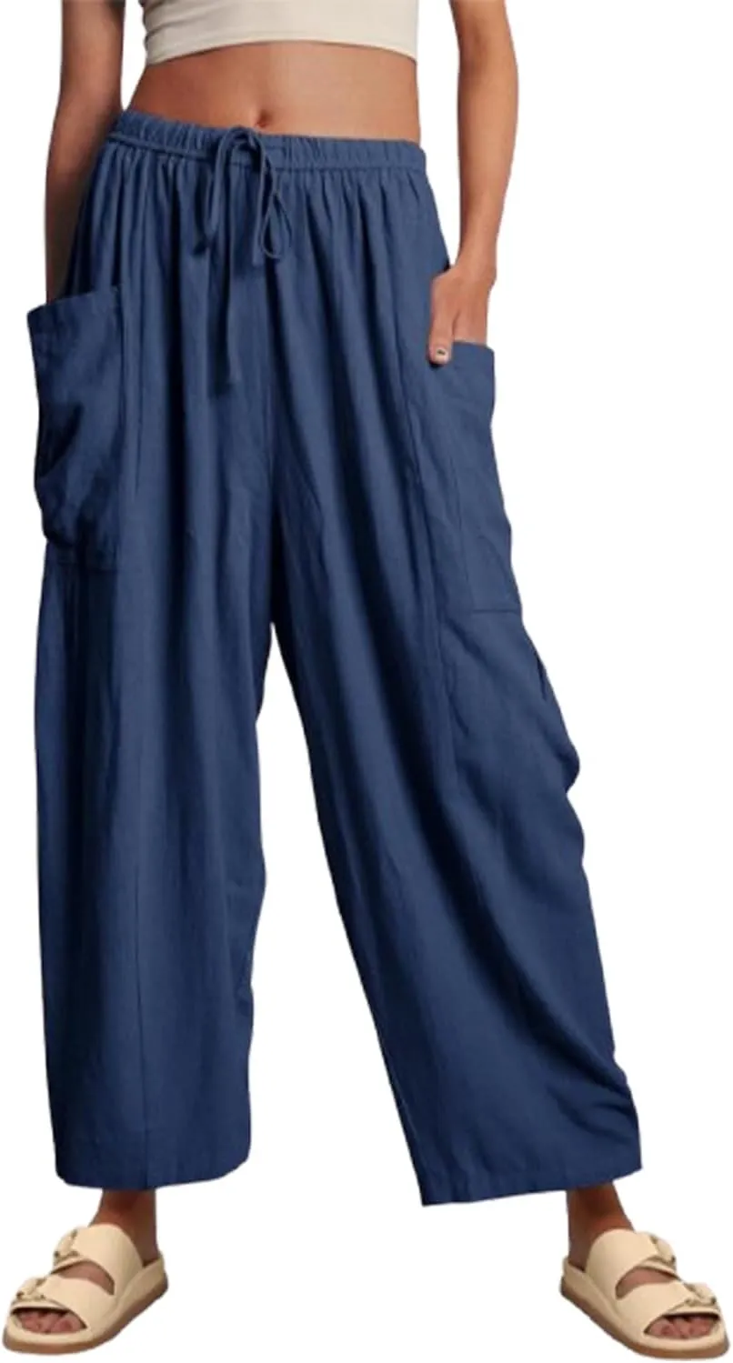 Linen Pants Casual Lightweight Loose Fit Wide Leg Harem Pants with Drawstring with Large Pockets for Home Travel Beach