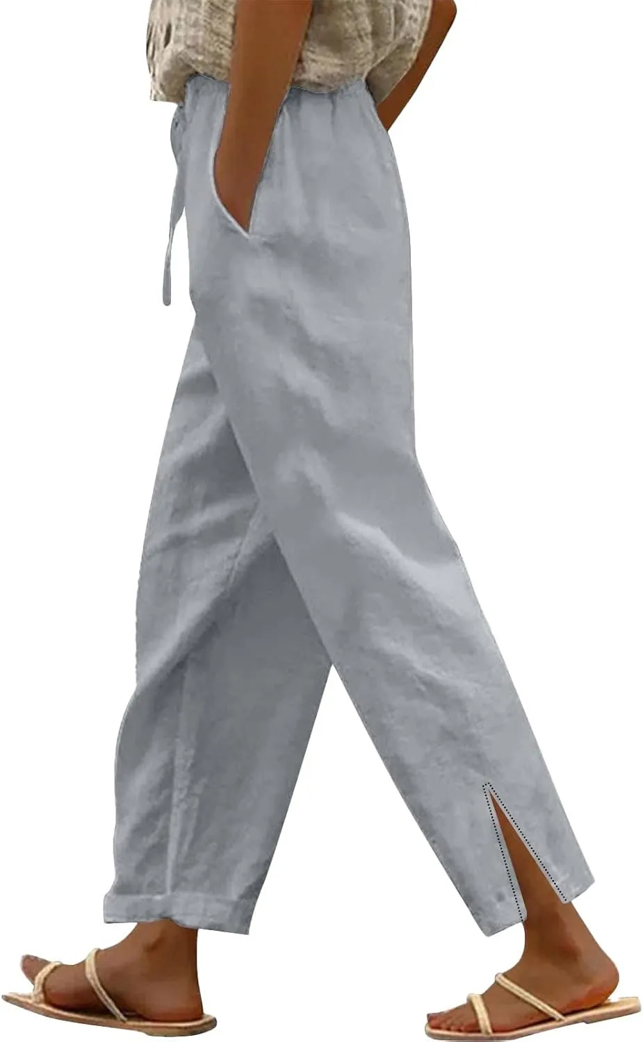 Linen Pants for Women 2025 Summer Elastic High Waist Split Hem Pants Casual Loose Fit Drawstring Trousers with Pocket