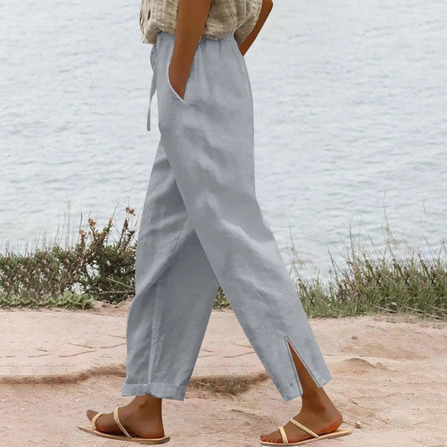 Linen Pants for Women 2025 Summer Elastic High Waist Split Hem Pants Casual Loose Fit Drawstring Trousers with Pocket