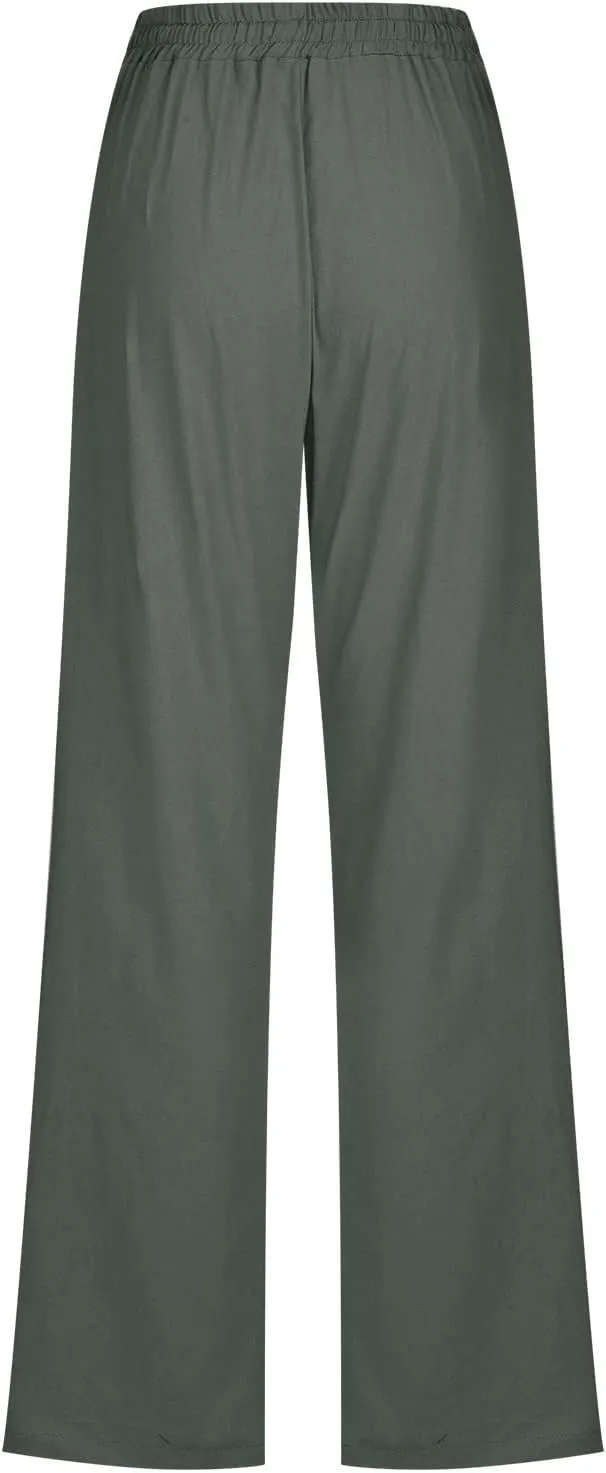Linen Pants Women Casual Straight Leg Drawstring Elastic High Waist Pants Loose Palazzo Trousers with Pockets