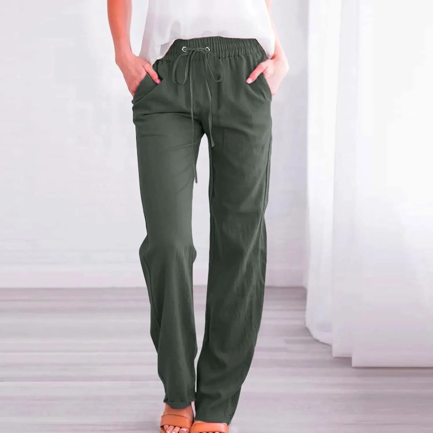 Linen Pants Women Casual Straight Leg Drawstring Elastic High Waist Pants Loose Palazzo Trousers with Pockets