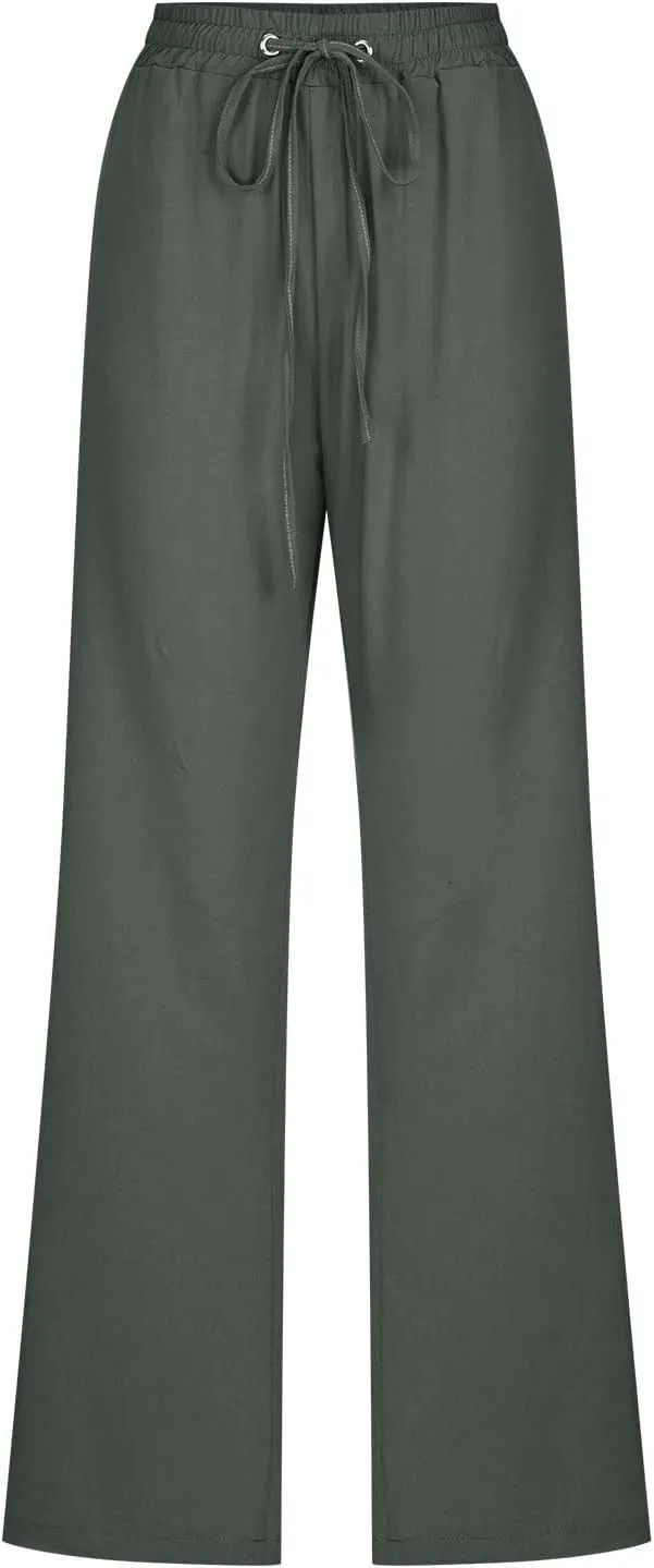 Linen Pants Women Casual Straight Leg Drawstring Elastic High Waist Pants Loose Palazzo Trousers with Pockets