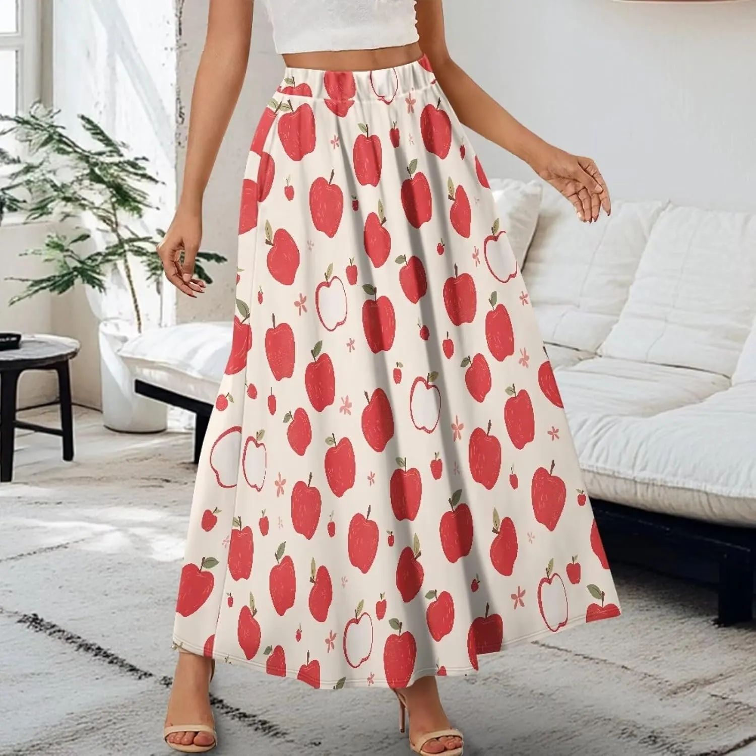 Long Skirts for Women with 2 Side Pockets A-Line Maxi Length Skirt Elastic Waistband S to 2XL Floral Printed Summer