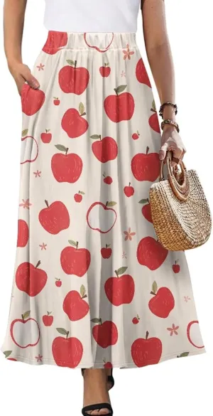Long Skirts for Women with 2 Side Pockets A-Line Maxi Length Skirt Elastic Waistband S to 2XL Floral Printed Summer