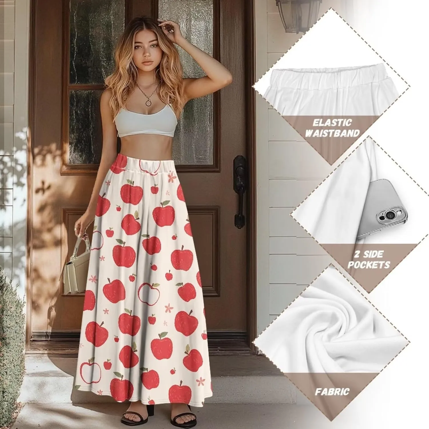 Long Skirts for Women with 2 Side Pockets A-Line Maxi Length Skirt Elastic Waistband S to 2XL Floral Printed Summer
